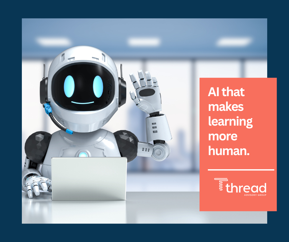 Friendly AI robot at a laptop illustrating AI in learning and how technology makes training more human at Thread.